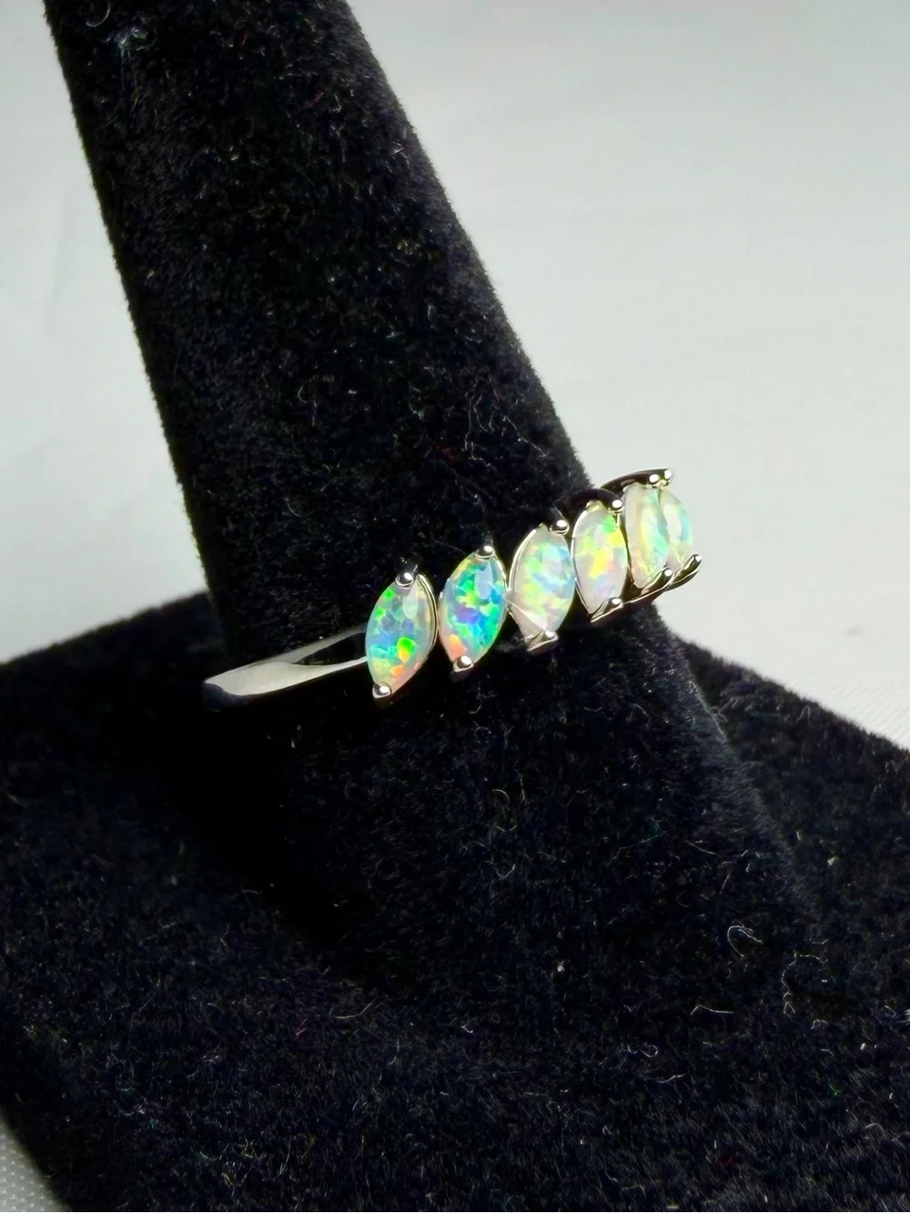 Natural Opal Ring 6 Stone Marquise White Gold Over Sterling Silver Band